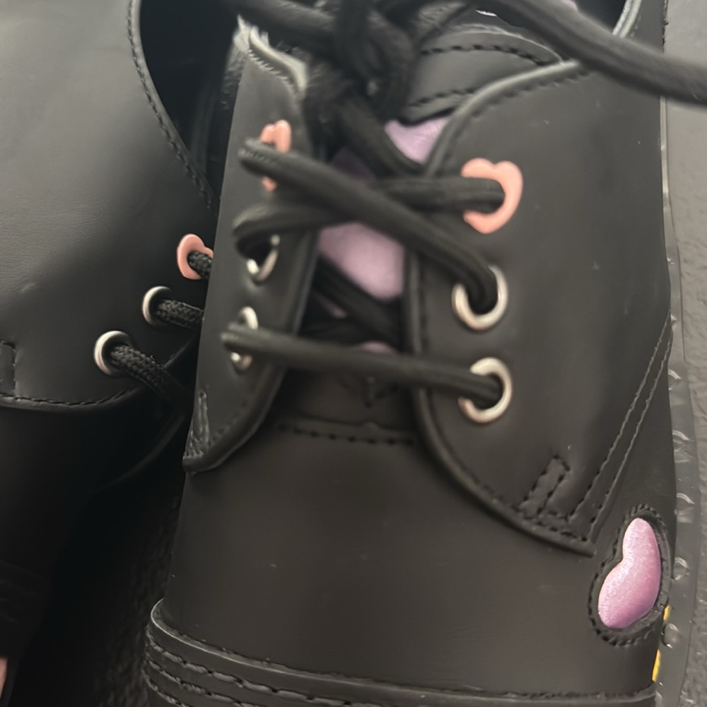 Dr. Martens Black Platform Oxfords with Pink Heart Accents - Picture 8 of 16